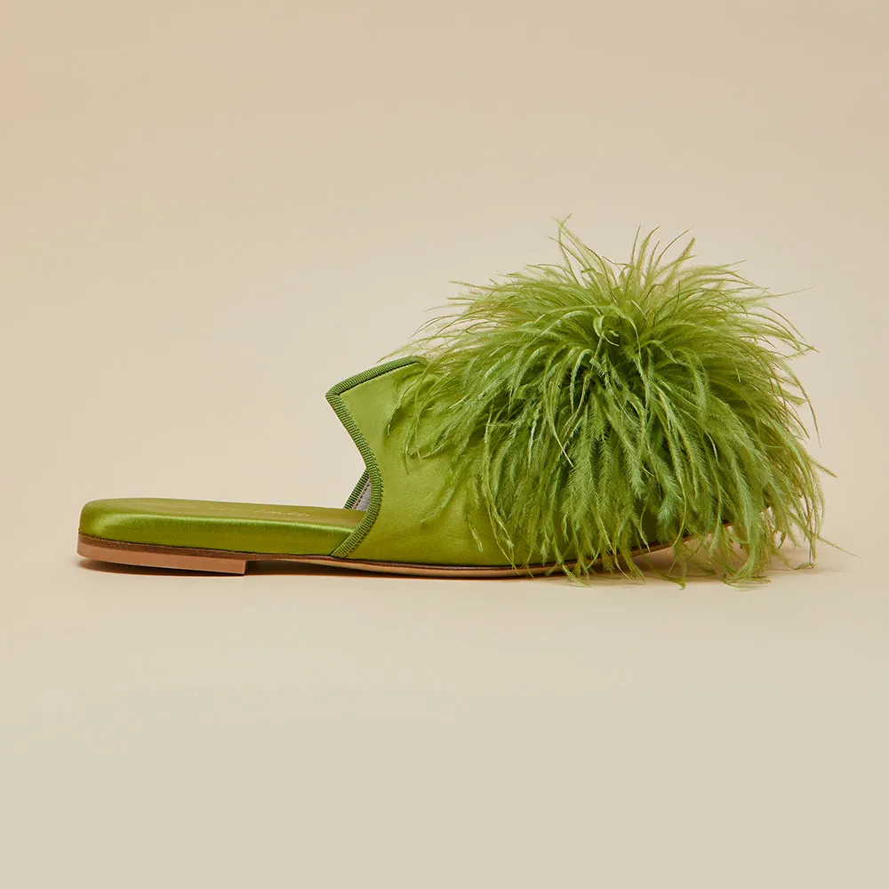 Contessa Niko Green Slippers in Silk Feather