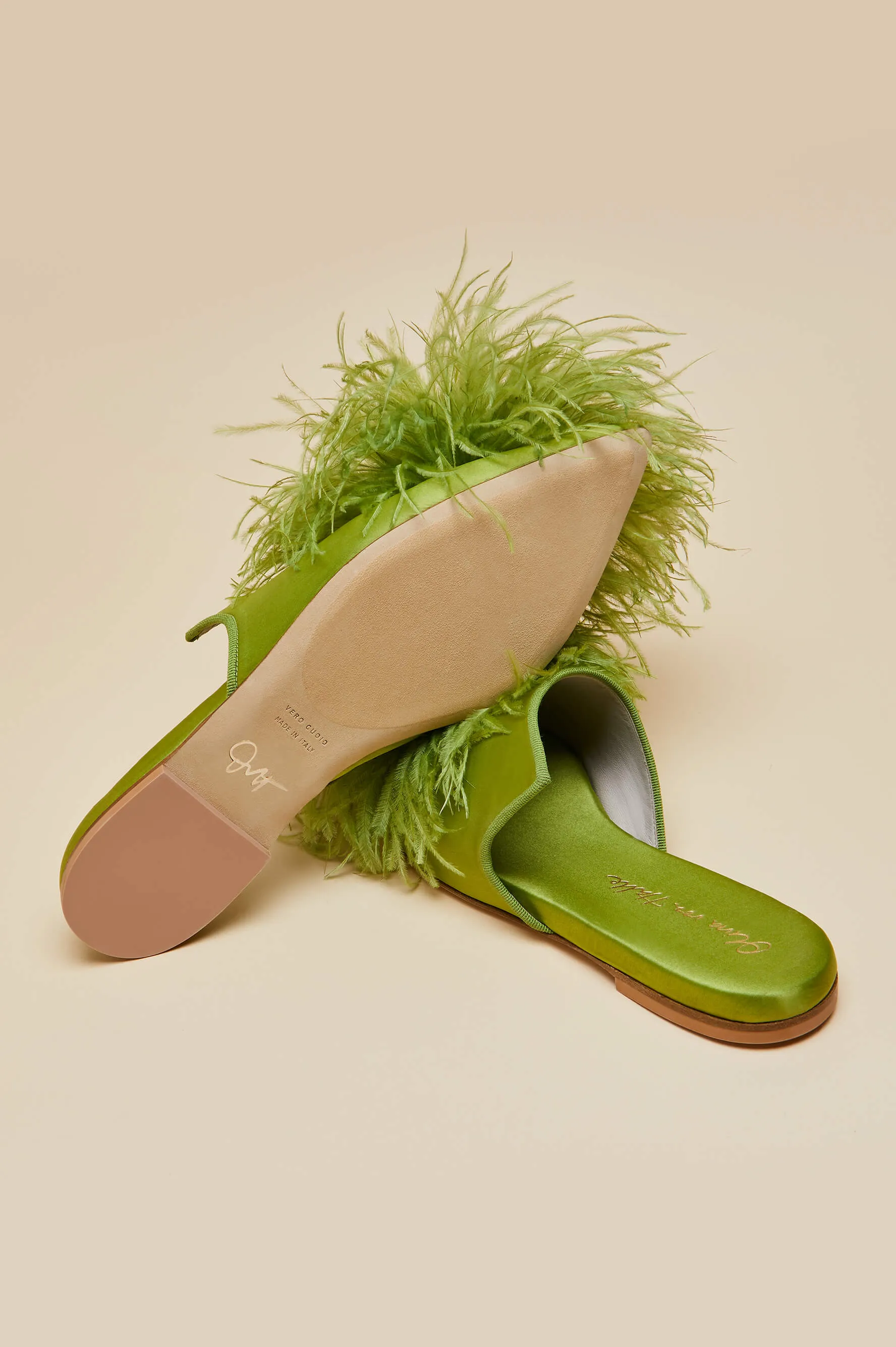 Contessa Niko Green Slippers in Silk Feather