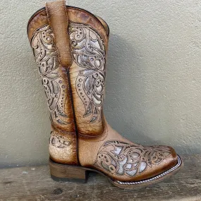 Corral Beige Metallic Inlay Sq Toe Boot T0104