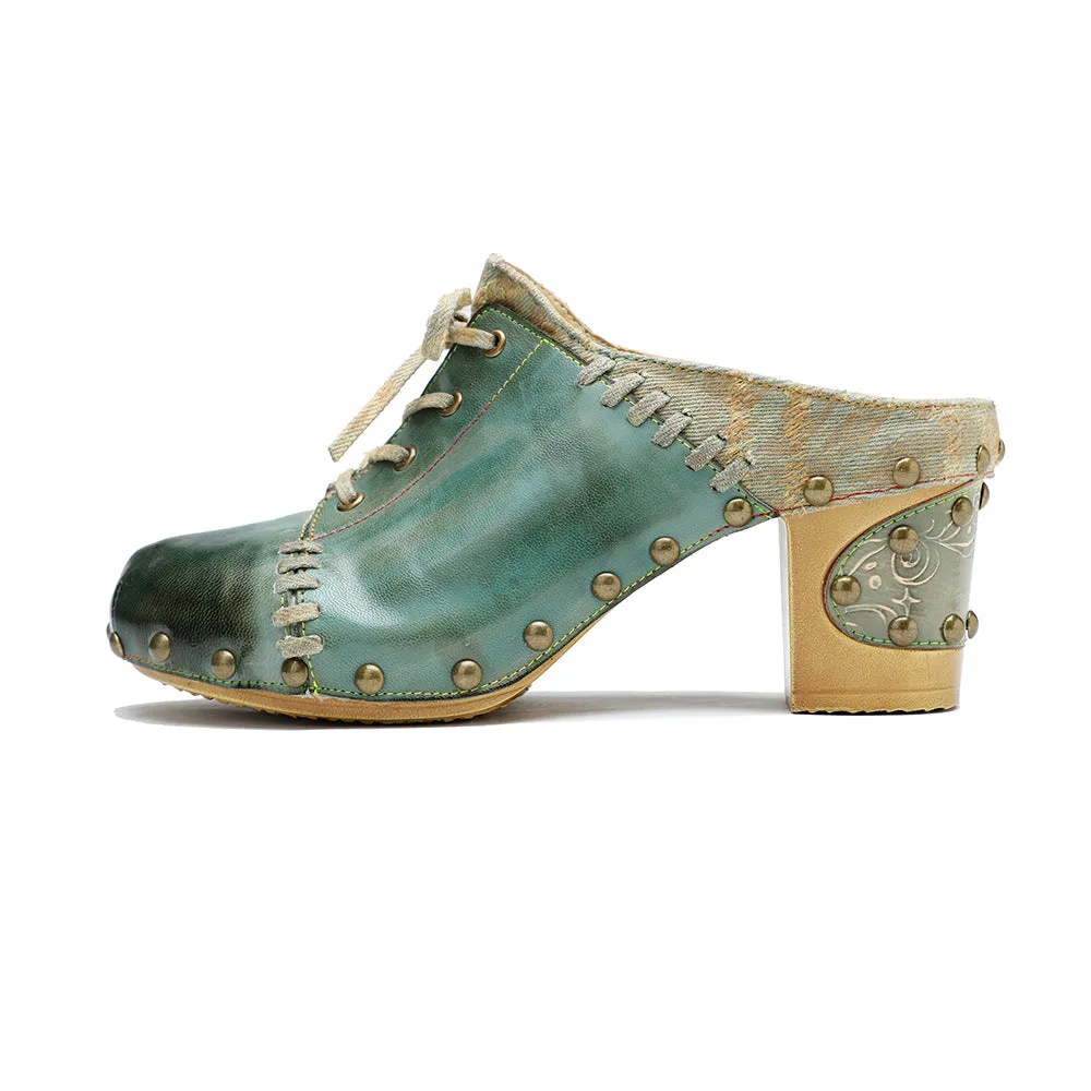 Genuine Leather Hand-polished Retro European and American Street Style Rivets Thick Heels High Heels