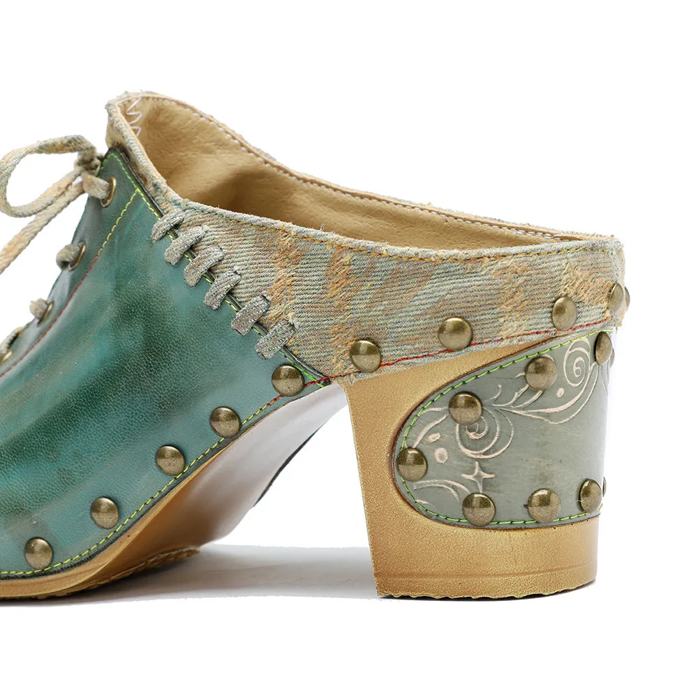 Genuine Leather Hand-polished Retro European and American Street Style Rivets Thick Heels High Heels