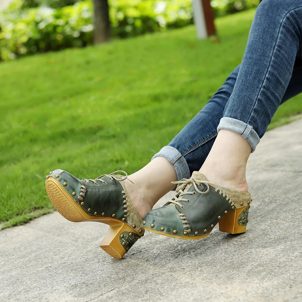 Genuine Leather Hand-polished Retro European and American Street Style Rivets Thick Heels High Heels
