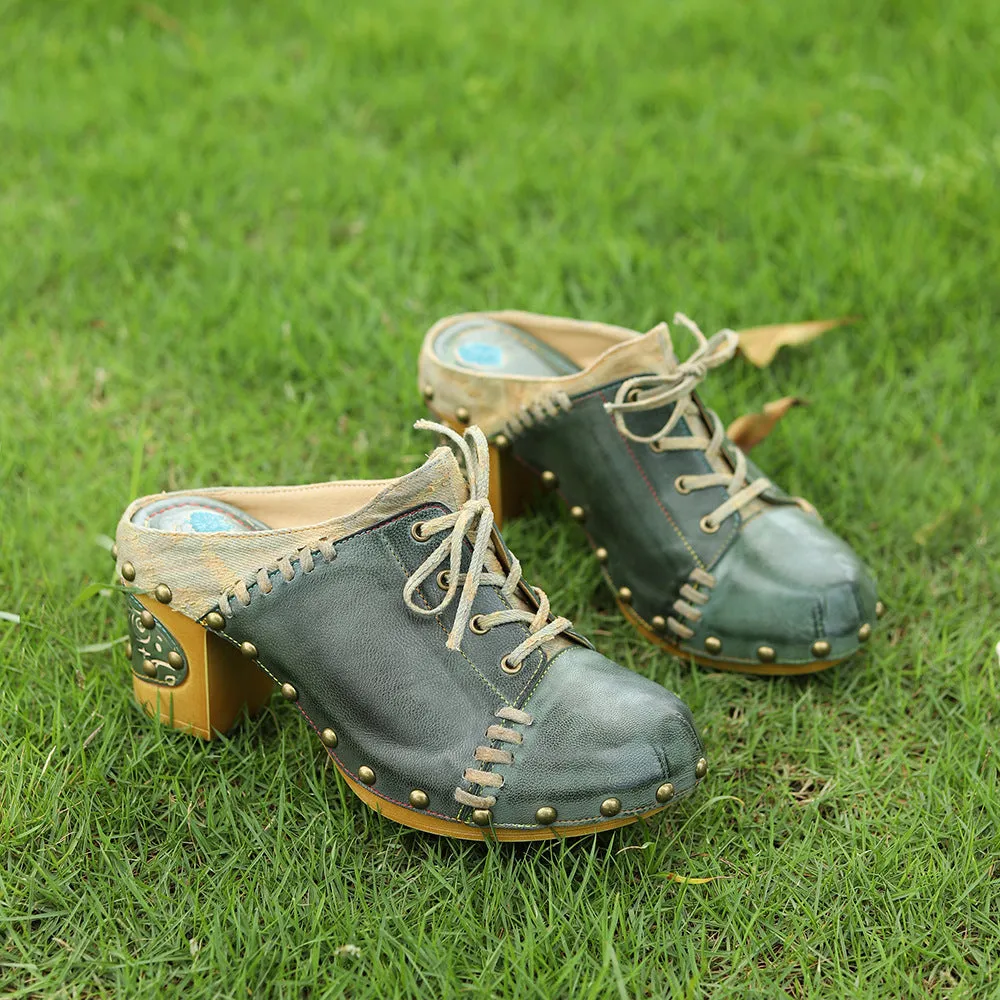 Genuine Leather Hand-polished Retro European and American Street Style Rivets Thick Heels High Heels