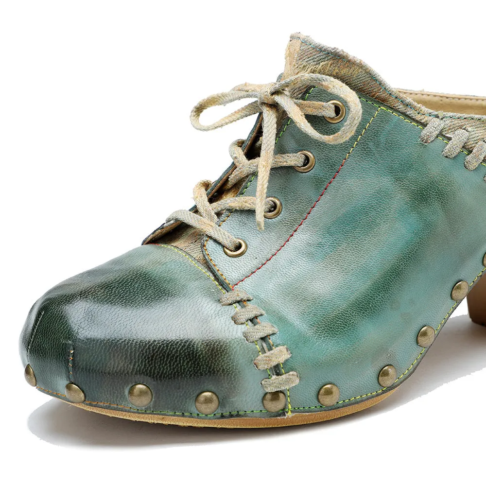 Genuine Leather Hand-polished Retro European and American Street Style Rivets Thick Heels High Heels