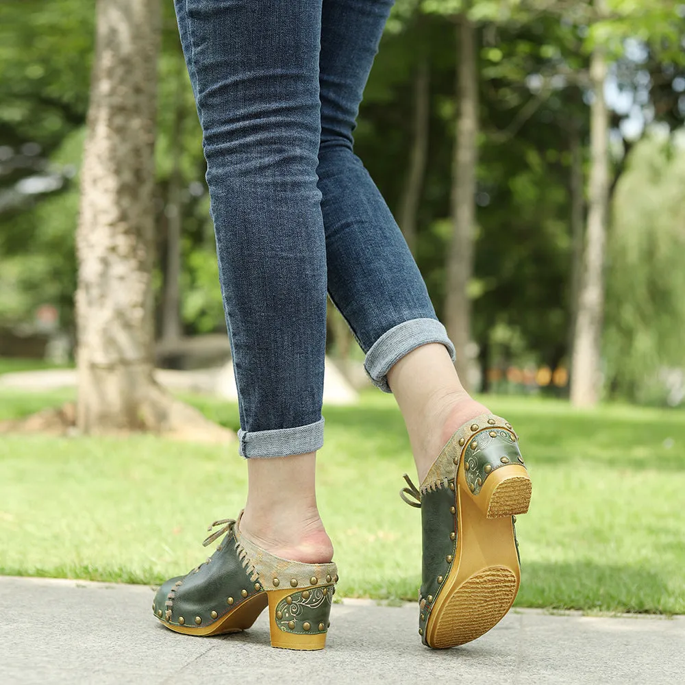 Genuine Leather Hand-polished Retro European and American Street Style Rivets Thick Heels High Heels