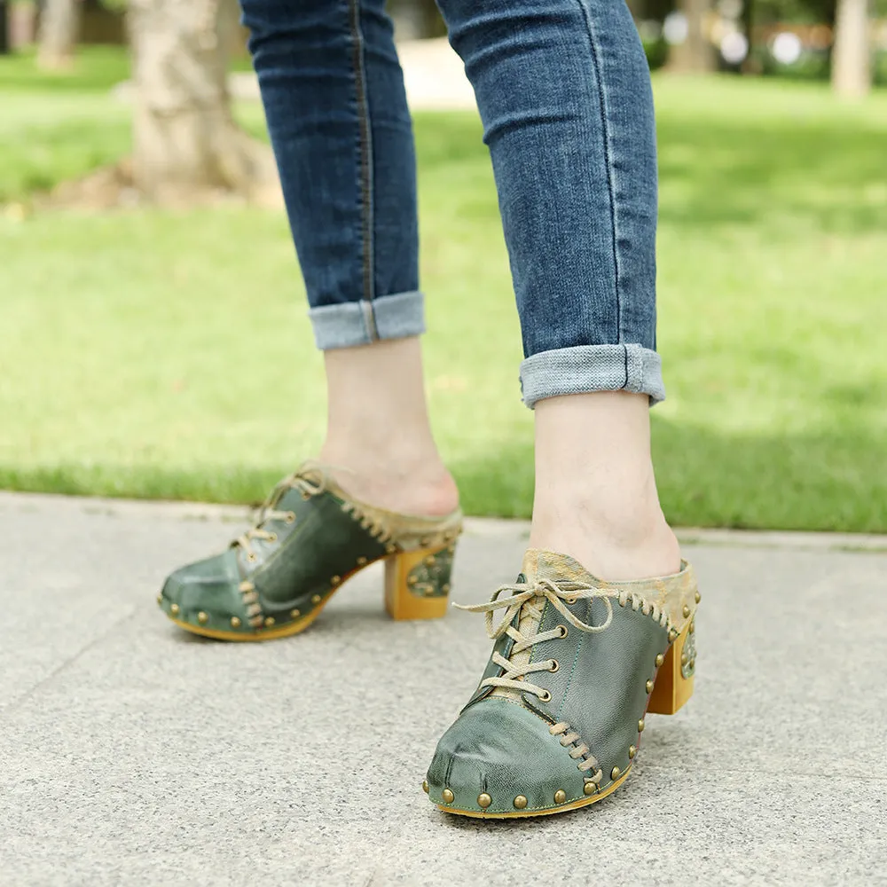 Genuine Leather Hand-polished Retro European and American Street Style Rivets Thick Heels High Heels