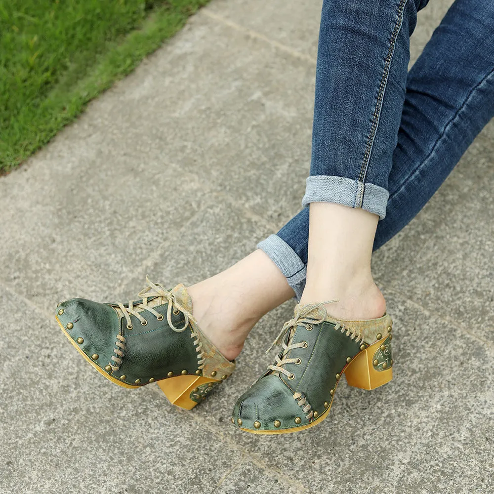 Genuine Leather Hand-polished Retro European and American Street Style Rivets Thick Heels High Heels