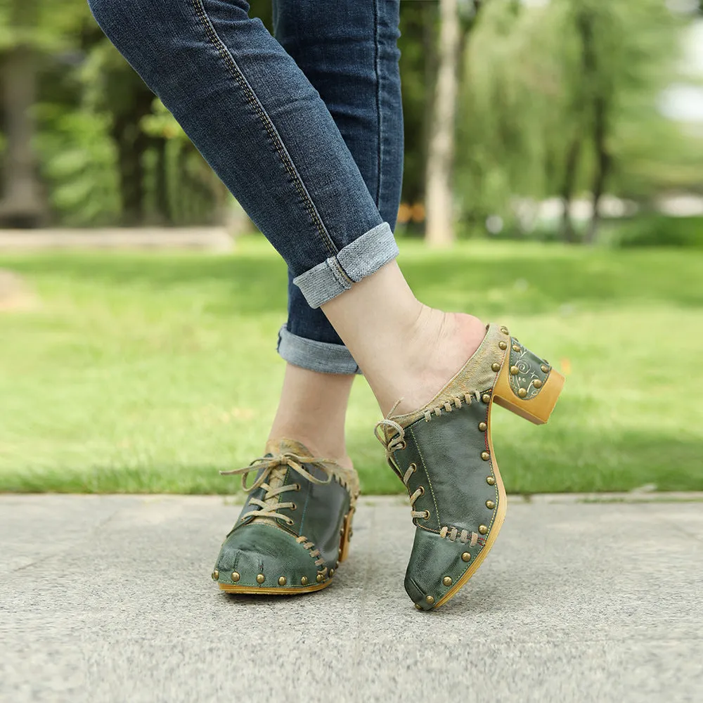Genuine Leather Hand-polished Retro European and American Street Style Rivets Thick Heels High Heels