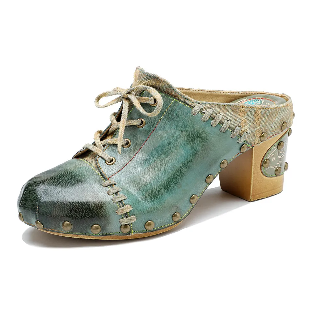 Genuine Leather Hand-polished Retro European and American Street Style Rivets Thick Heels High Heels
