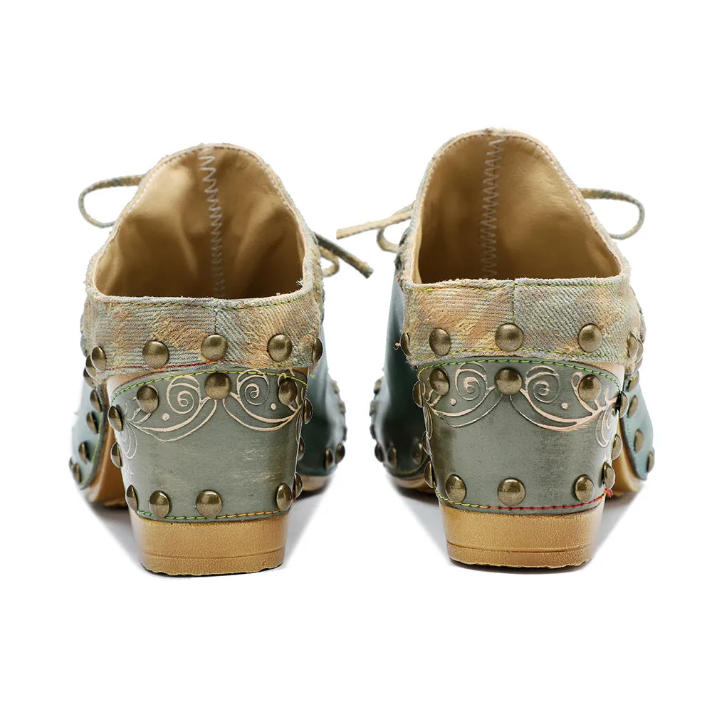 Genuine Leather Hand-polished Retro European and American Street Style Rivets Thick Heels High Heels