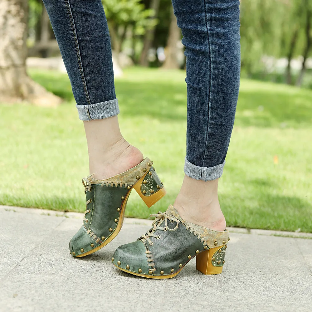 Genuine Leather Hand-polished Retro European and American Street Style Rivets Thick Heels High Heels