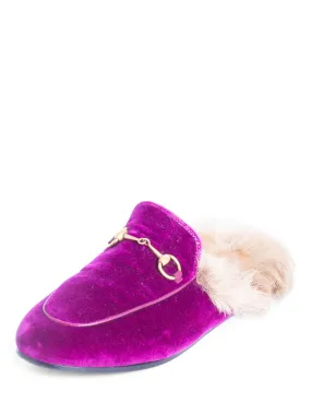 Gucci Velvet Horsebit Buckle Fur Lined Slip On Loafers Purple