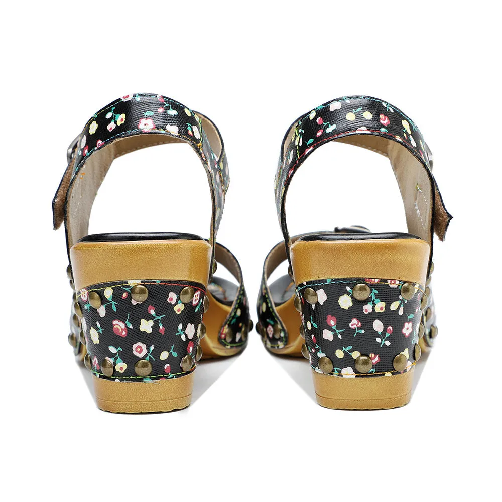 Leather Retro Floral Pastoral Comfortable Thick Heel High Heel Sandals