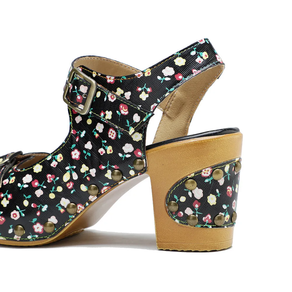 Leather Retro Floral Pastoral Comfortable Thick Heel High Heel Sandals