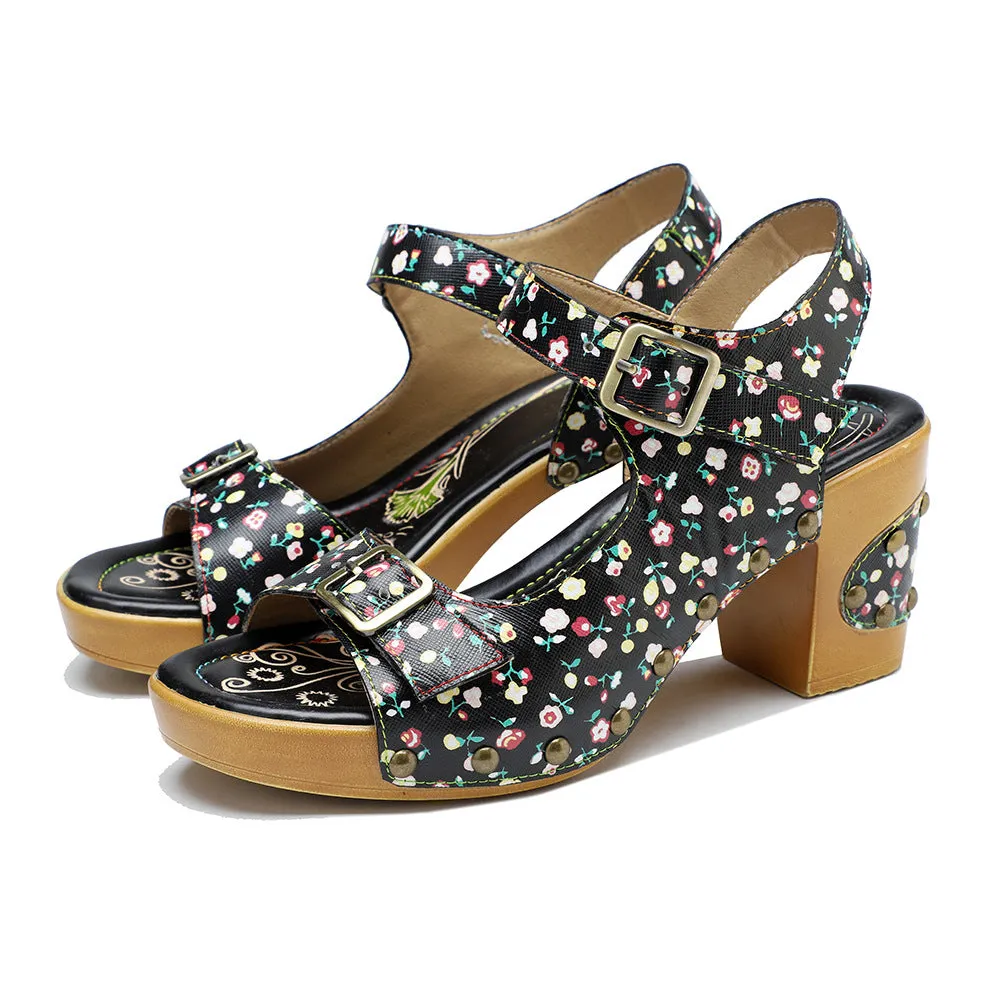 Leather Retro Floral Pastoral Comfortable Thick Heel High Heel Sandals