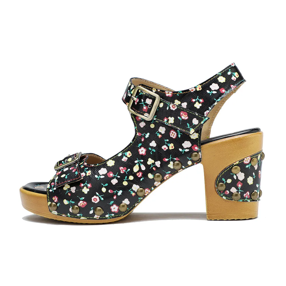 Leather Retro Floral Pastoral Comfortable Thick Heel High Heel Sandals