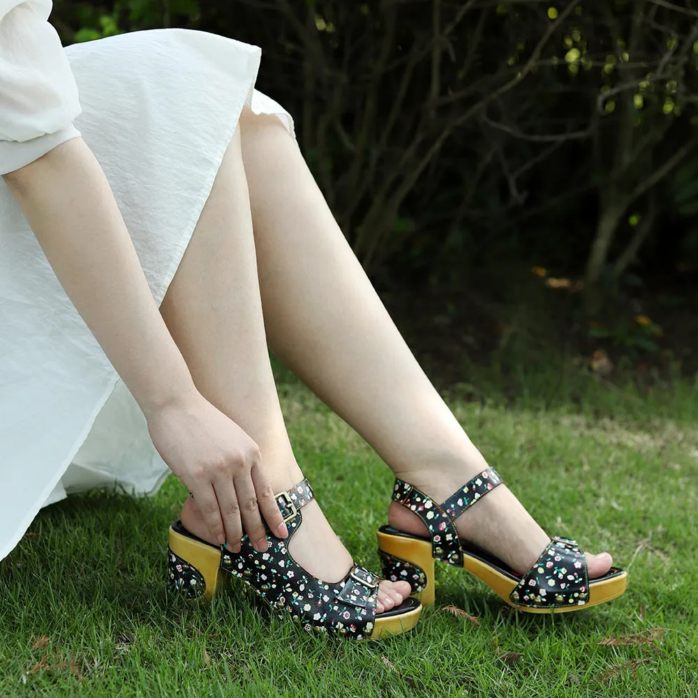 Leather Retro Floral Pastoral Comfortable Thick Heel High Heel Sandals