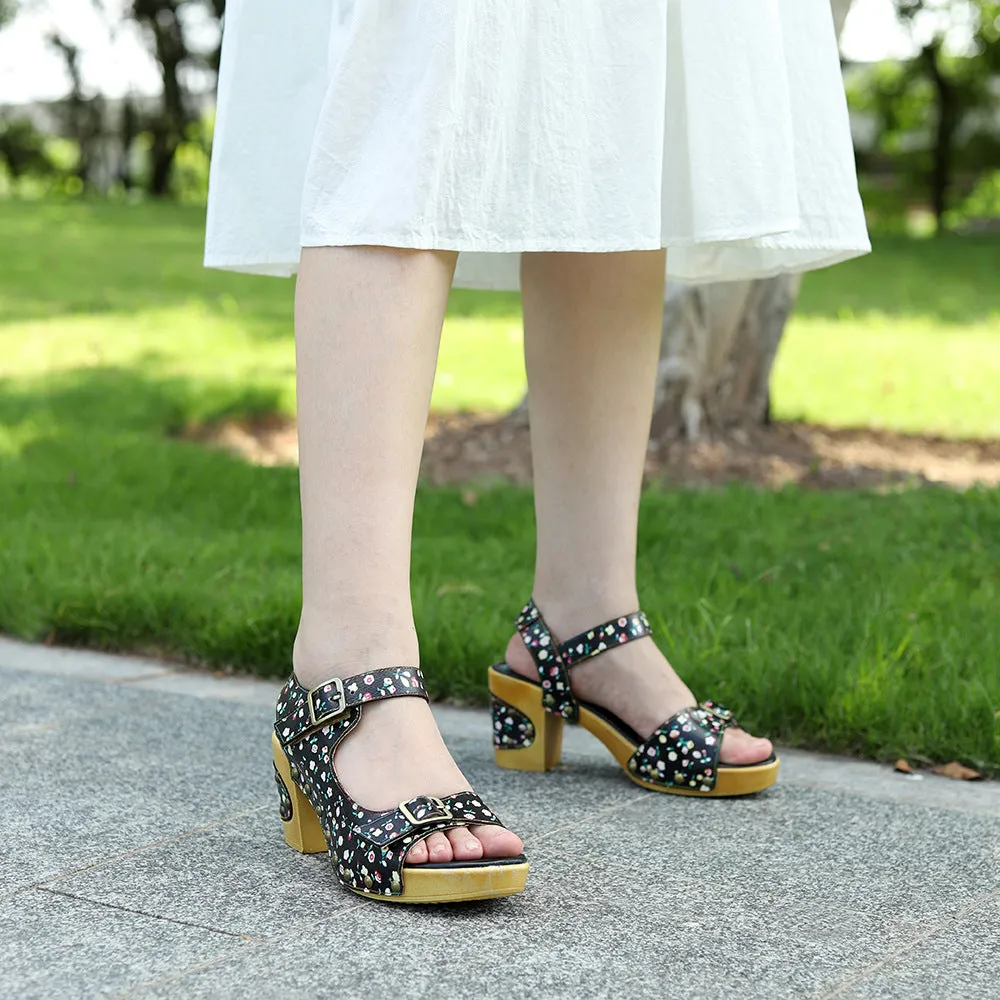 Leather Retro Floral Pastoral Comfortable Thick Heel High Heel Sandals