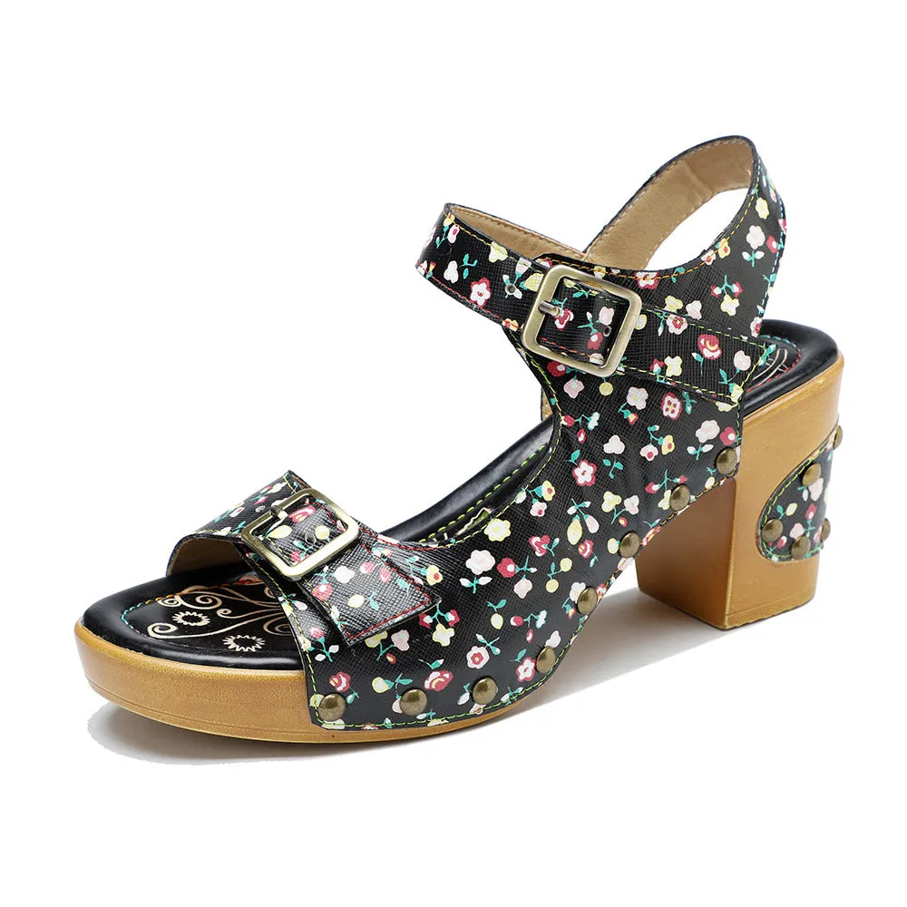 Leather Retro Floral Pastoral Comfortable Thick Heel High Heel Sandals
