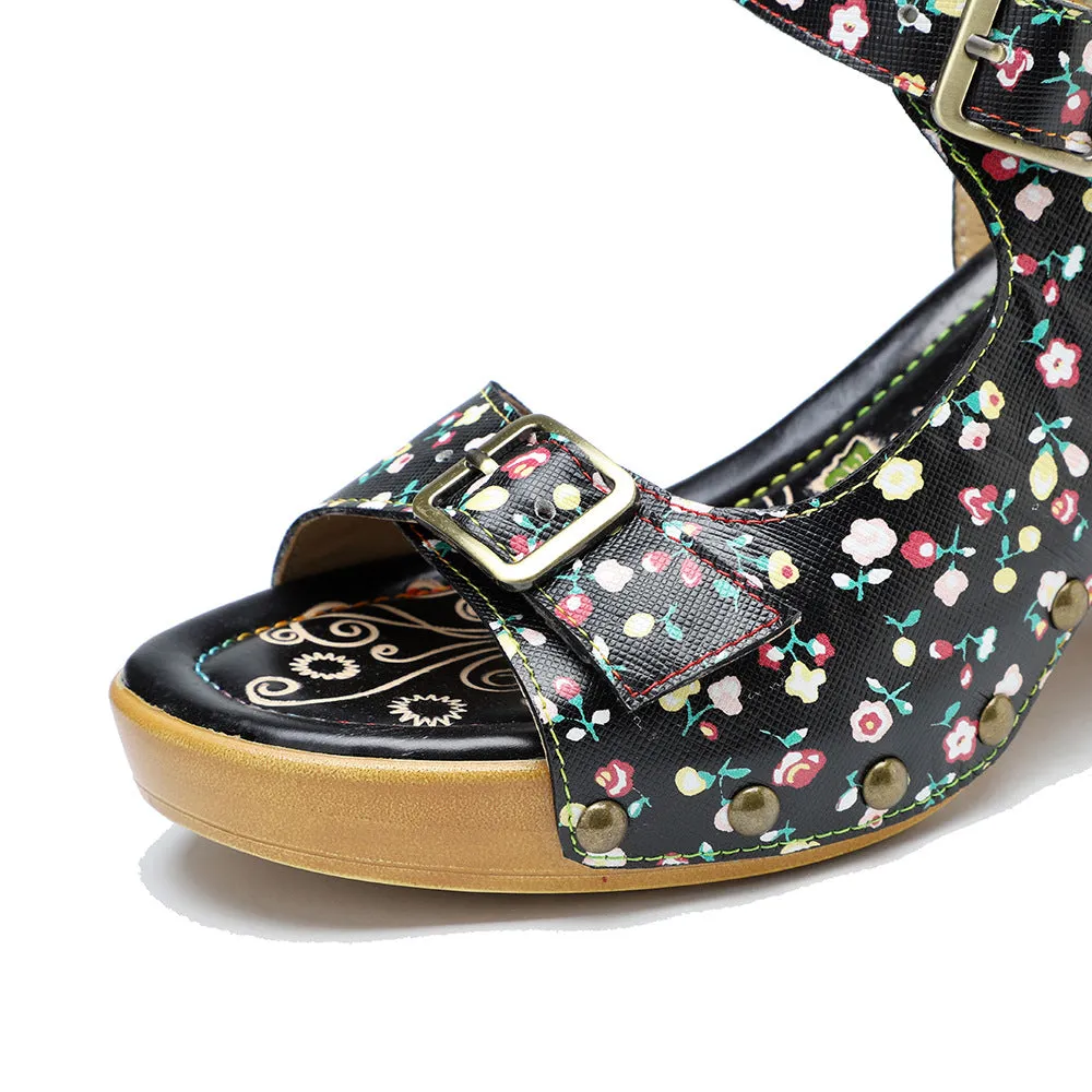 Leather Retro Floral Pastoral Comfortable Thick Heel High Heel Sandals