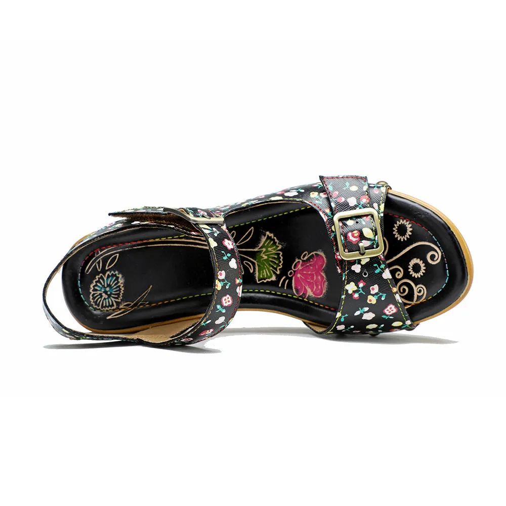 Leather Retro Floral Pastoral Comfortable Thick Heel High Heel Sandals