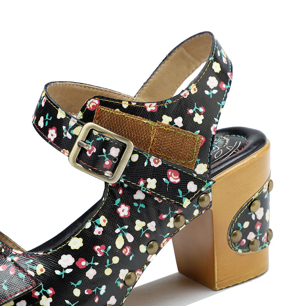 Leather Retro Floral Pastoral Comfortable Thick Heel High Heel Sandals