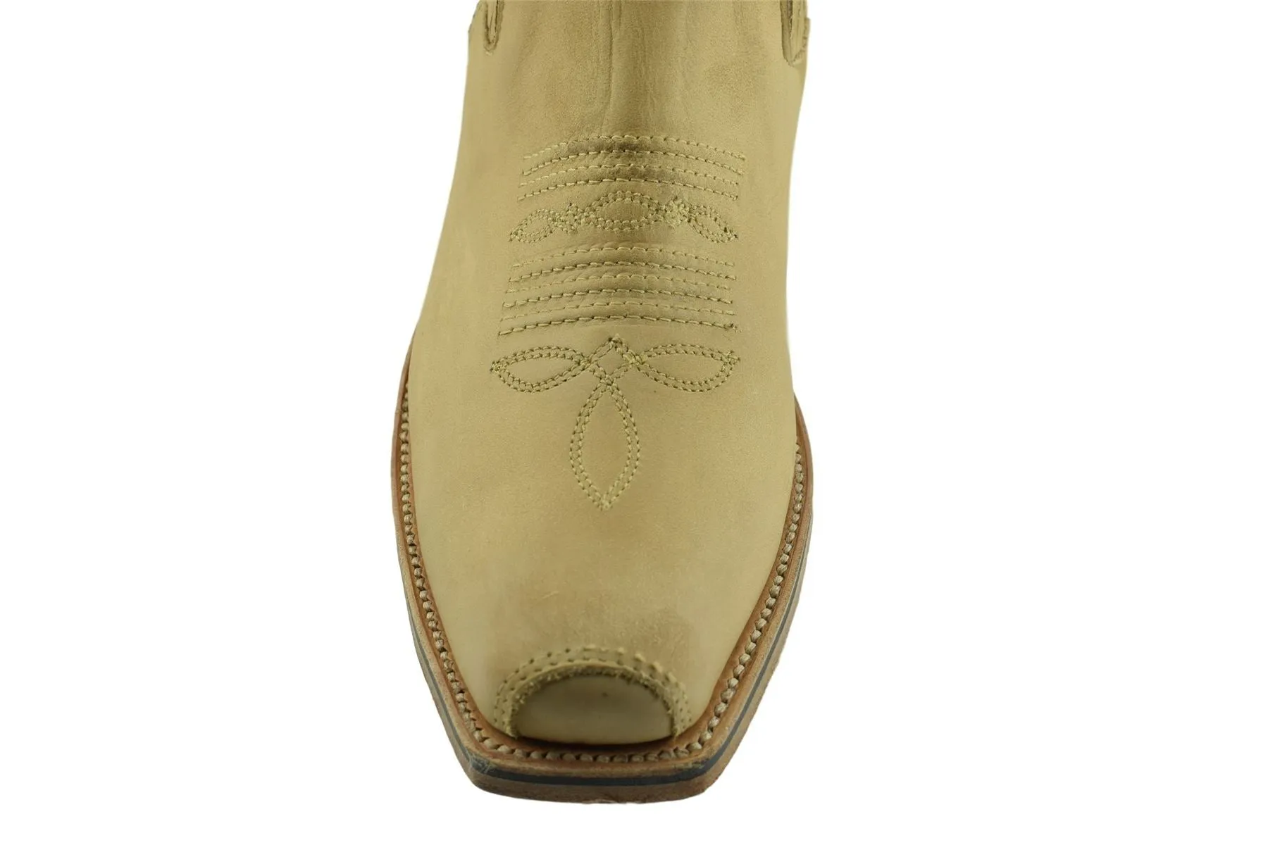 Loblan 517 Leather Tan Beige Cowboy Boots Biker Western Square Toe Ankle Boot