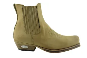 Loblan 517 Leather Tan Beige Cowboy Boots Biker Western Square Toe Ankle Boot