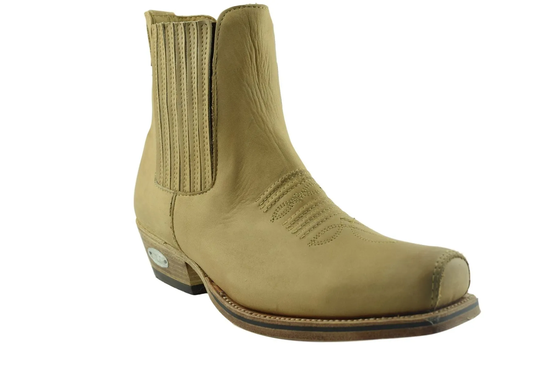 Loblan 517 Leather Tan Beige Cowboy Boots Biker Western Square Toe Ankle Boot