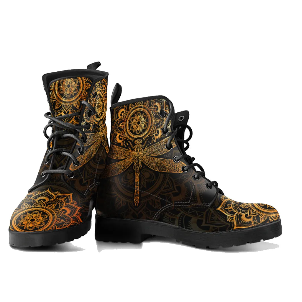 Mandala Dragonfly Rusty Gold Handcrafted Women's Vegan Leather Boots