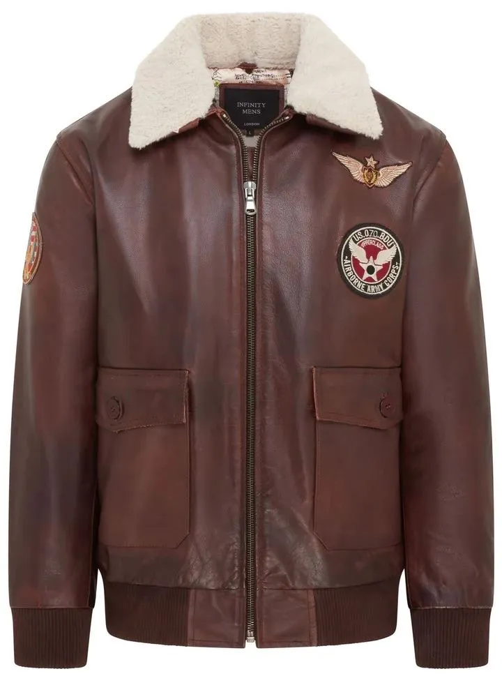 Men's Brown Cowhide Aviator Bomber Leather Jacket