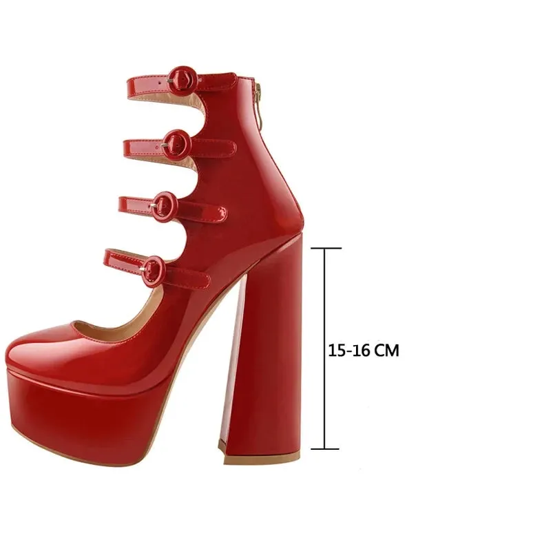 Platform Round Toe Chunky Square Heels Ankle Wrap Buckle Strap Sandals