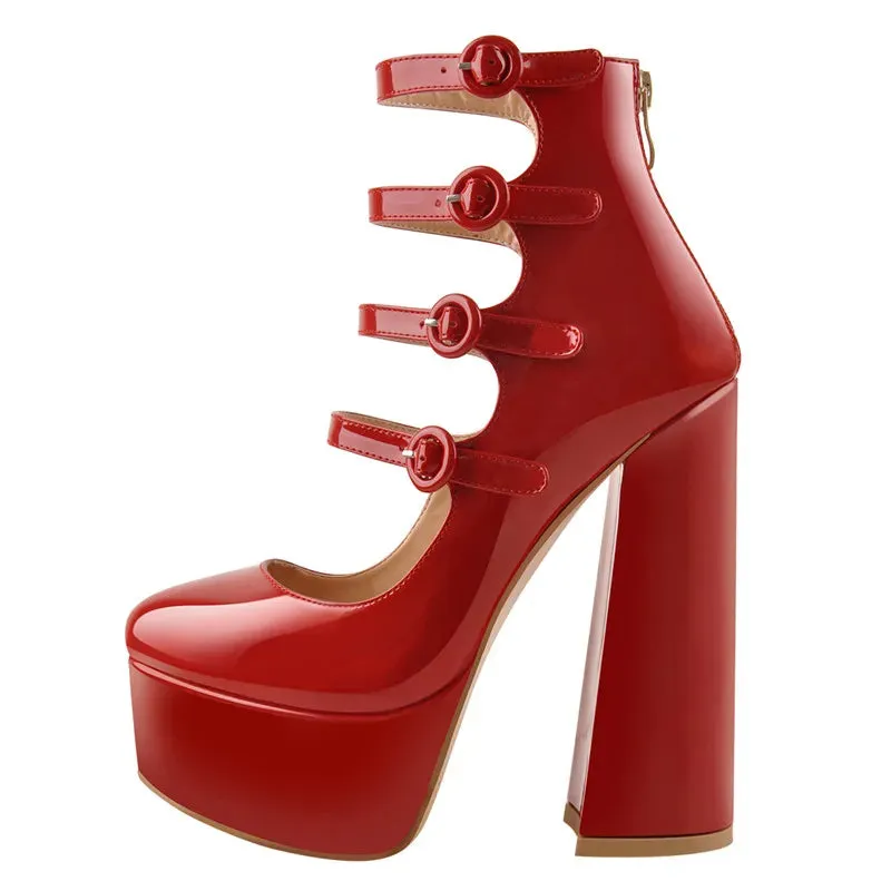 Platform Round Toe Chunky Square Heels Ankle Wrap Buckle Strap Sandals