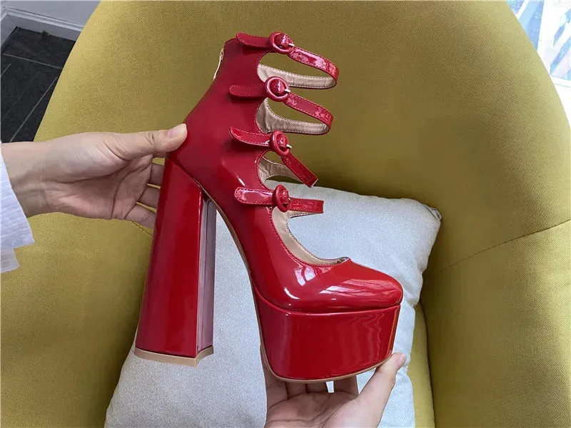 Platform Round Toe Chunky Square Heels Ankle Wrap Buckle Strap Sandals