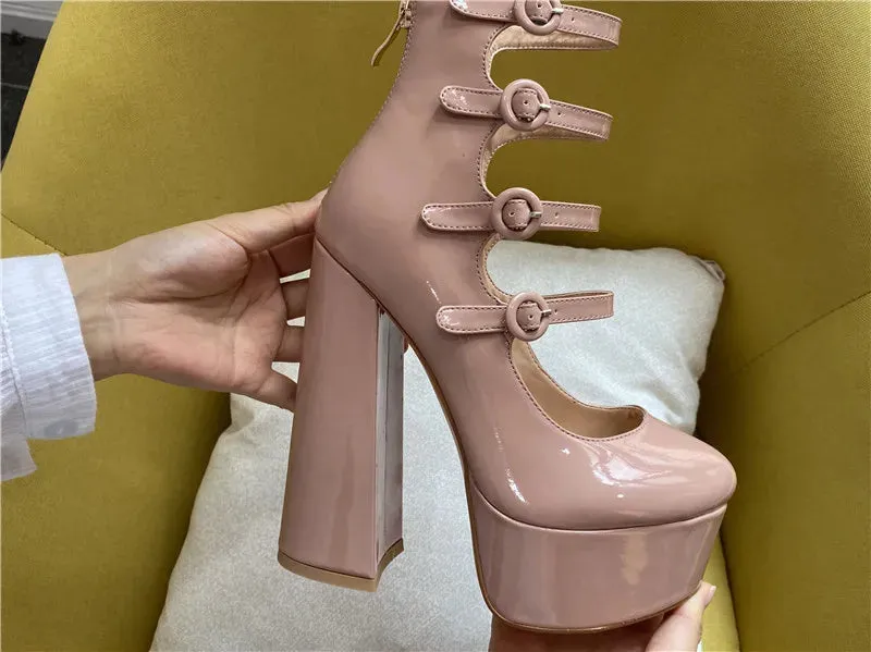 Platform Round Toe Chunky Square Heels Ankle Wrap Buckle Strap Sandals