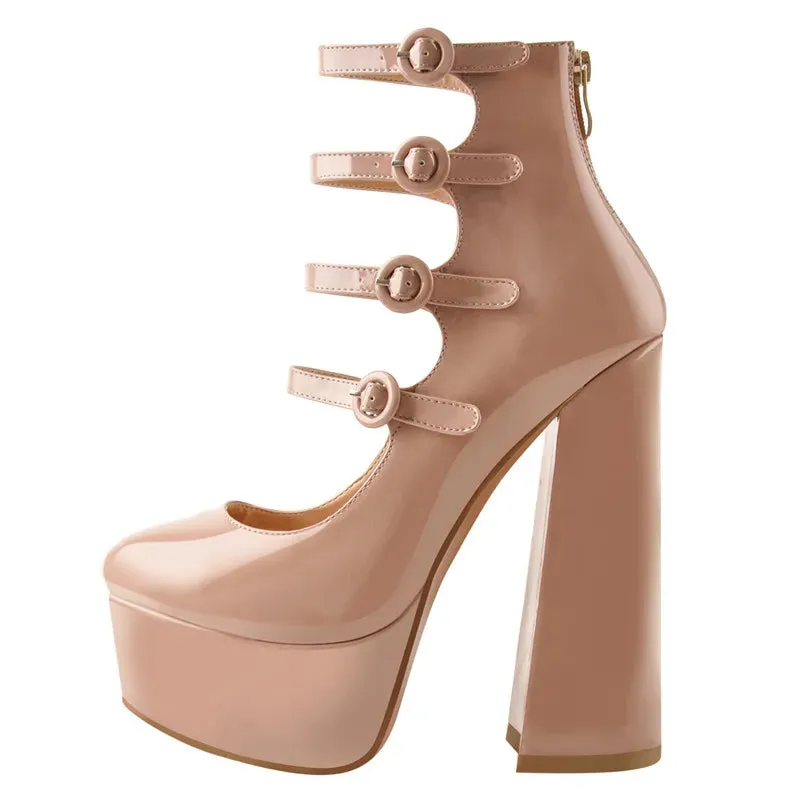Platform Round Toe Chunky Square Heels Ankle Wrap Buckle Strap Sandals