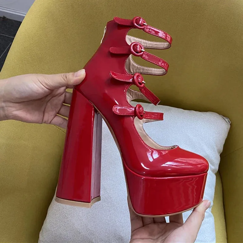 Platform Round Toe Chunky Square Heels Ankle Wrap Buckle Strap Sandals