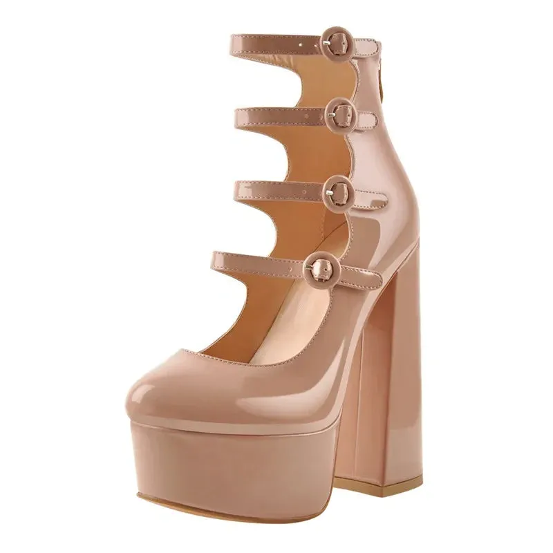 Platform Round Toe Chunky Square Heels Ankle Wrap Buckle Strap Sandals