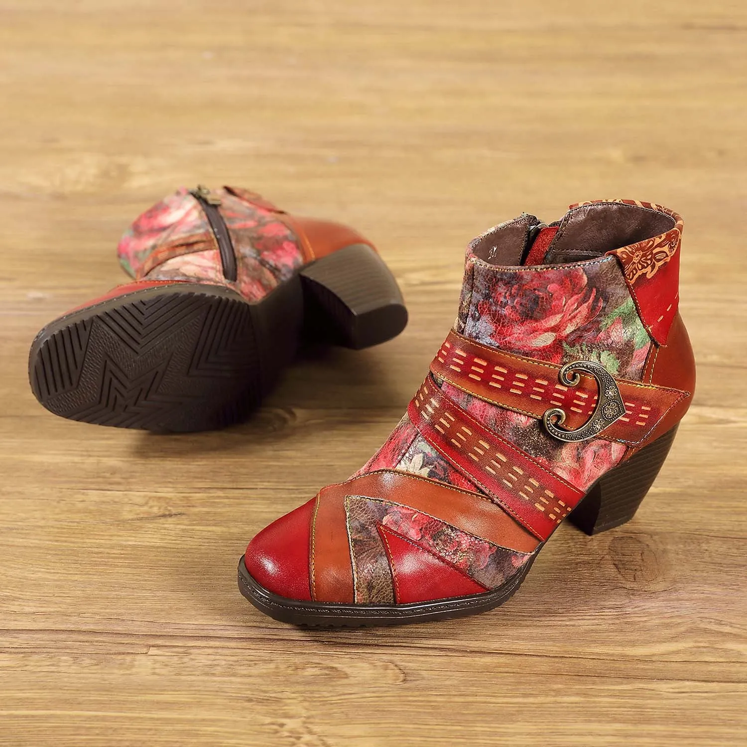 Retro Red High Heels First Layer Cowhide Splicing Low Tube Ethnic Style Flower Fashion Boots