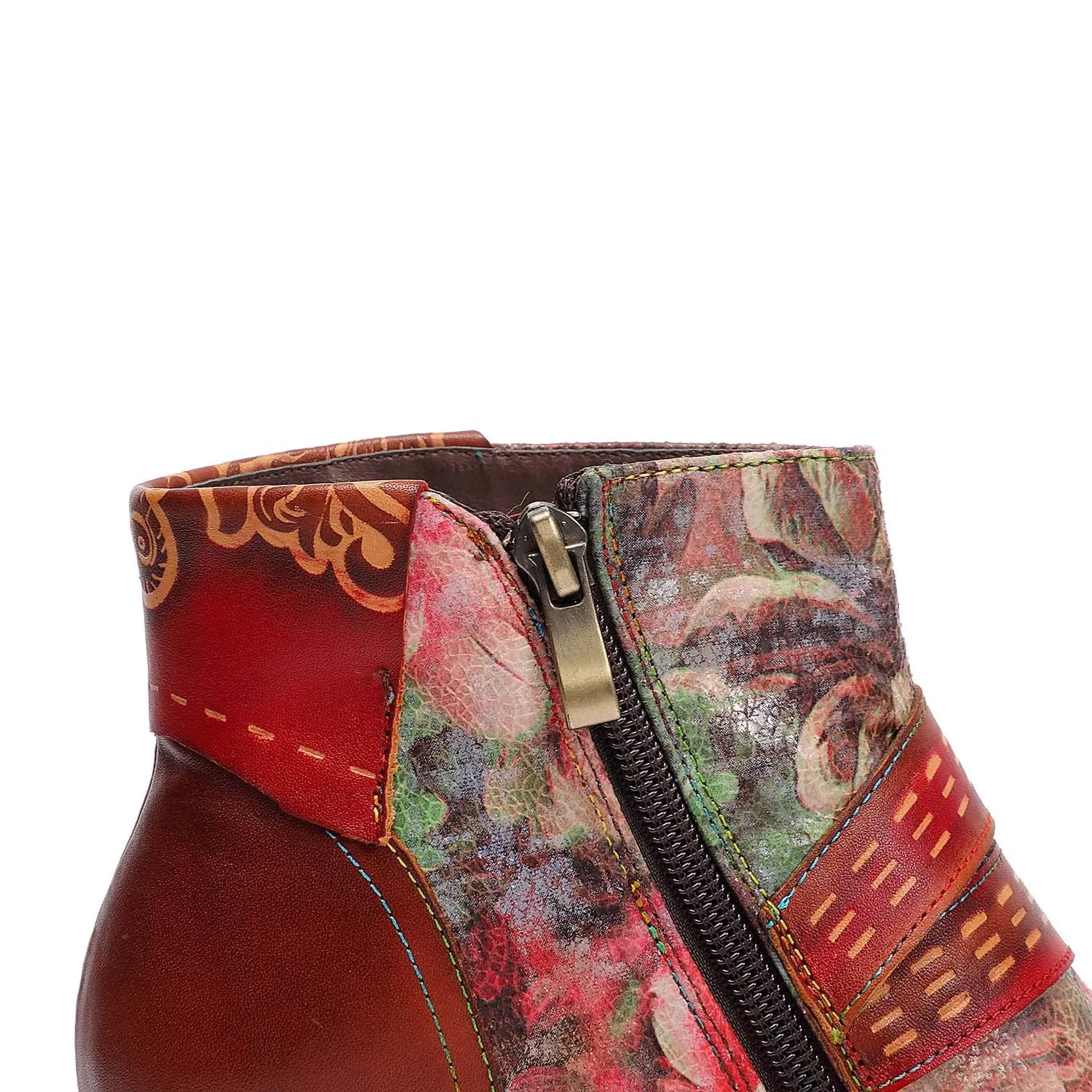 Retro Red High Heels First Layer Cowhide Splicing Low Tube Ethnic Style Flower Fashion Boots