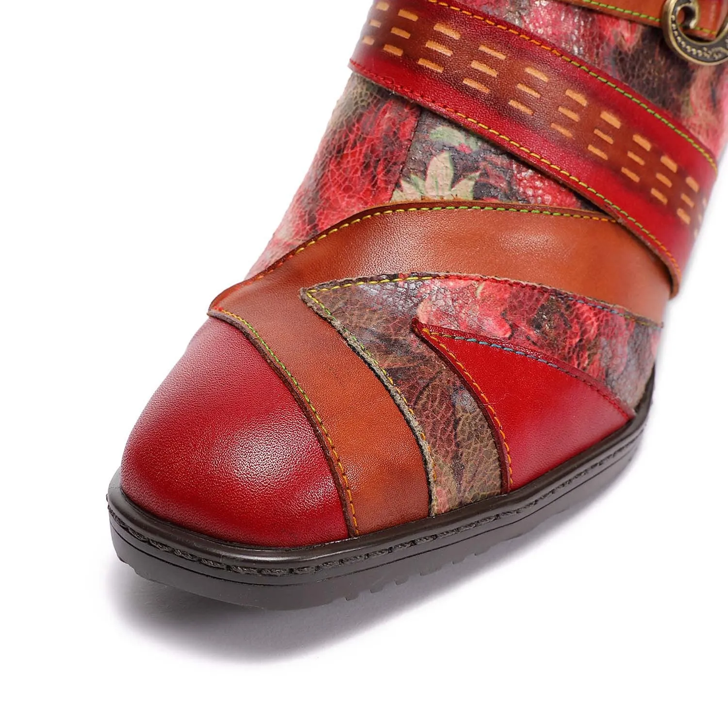 Retro Red High Heels First Layer Cowhide Splicing Low Tube Ethnic Style Flower Fashion Boots