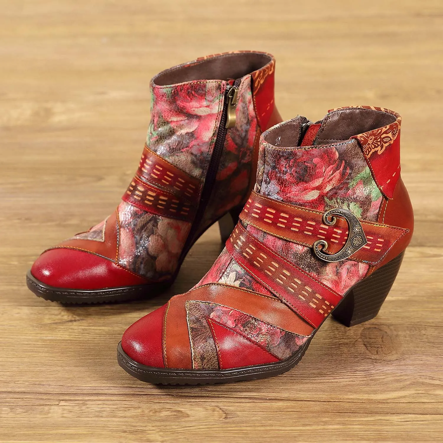Retro Red High Heels First Layer Cowhide Splicing Low Tube Ethnic Style Flower Fashion Boots