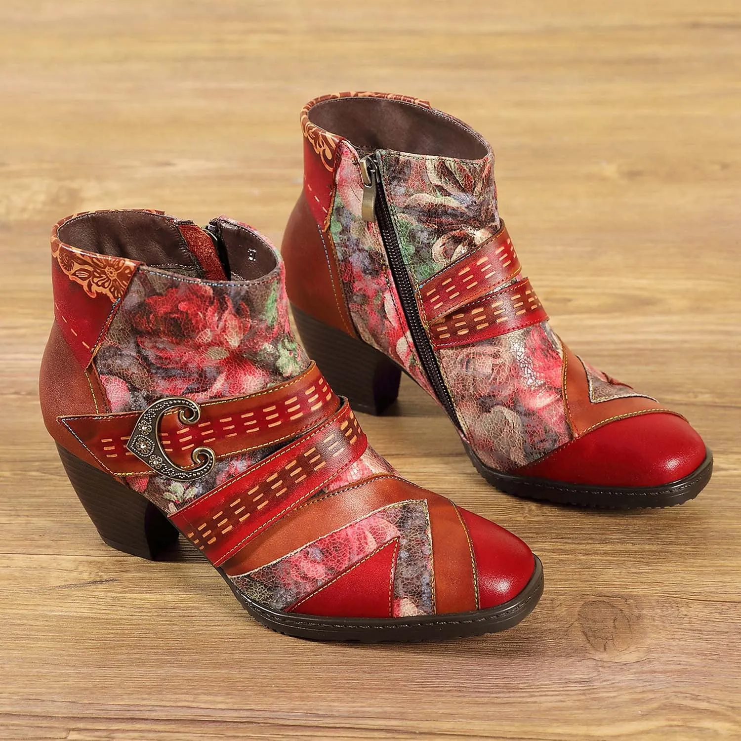 Retro Red High Heels First Layer Cowhide Splicing Low Tube Ethnic Style Flower Fashion Boots