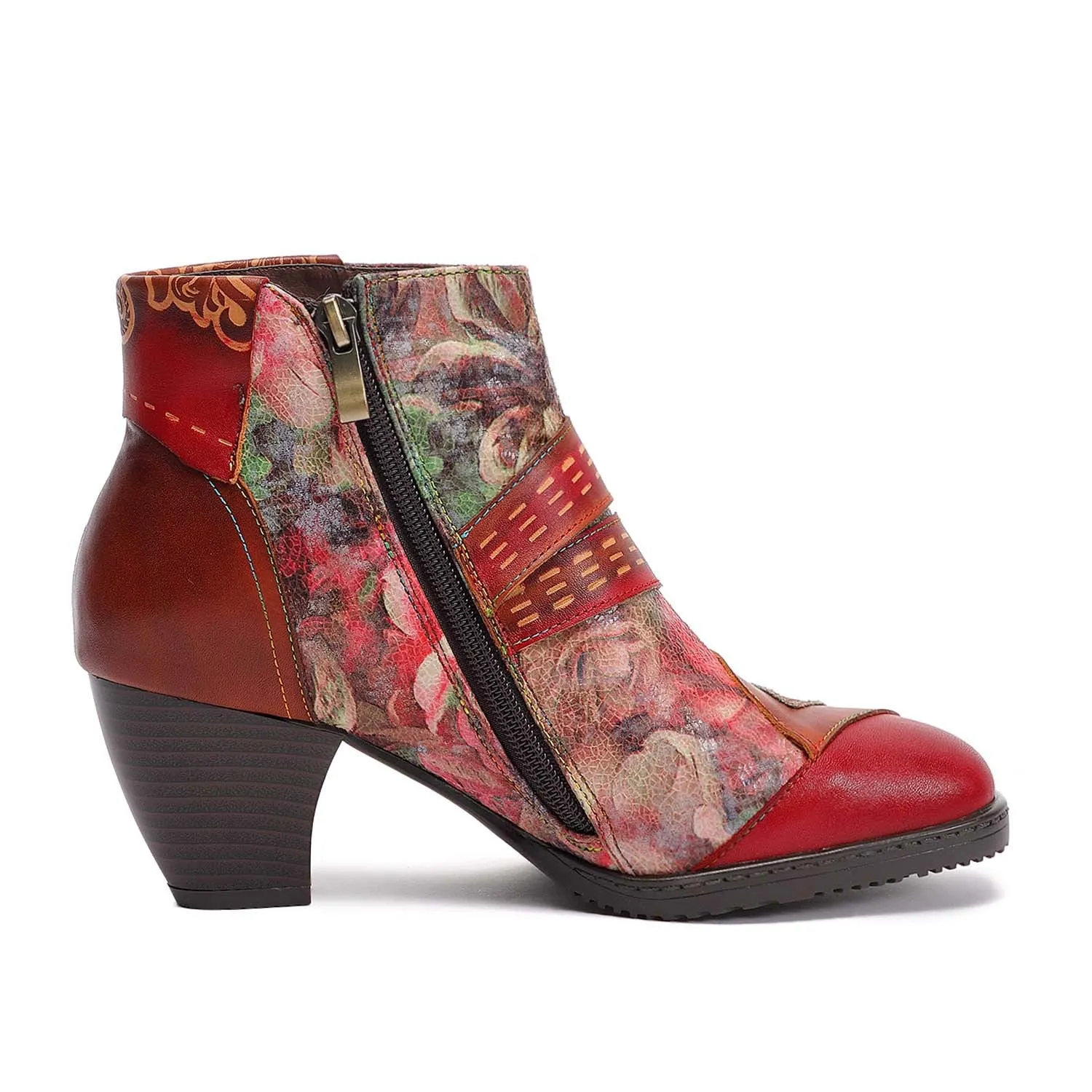 Retro Red High Heels First Layer Cowhide Splicing Low Tube Ethnic Style Flower Fashion Boots