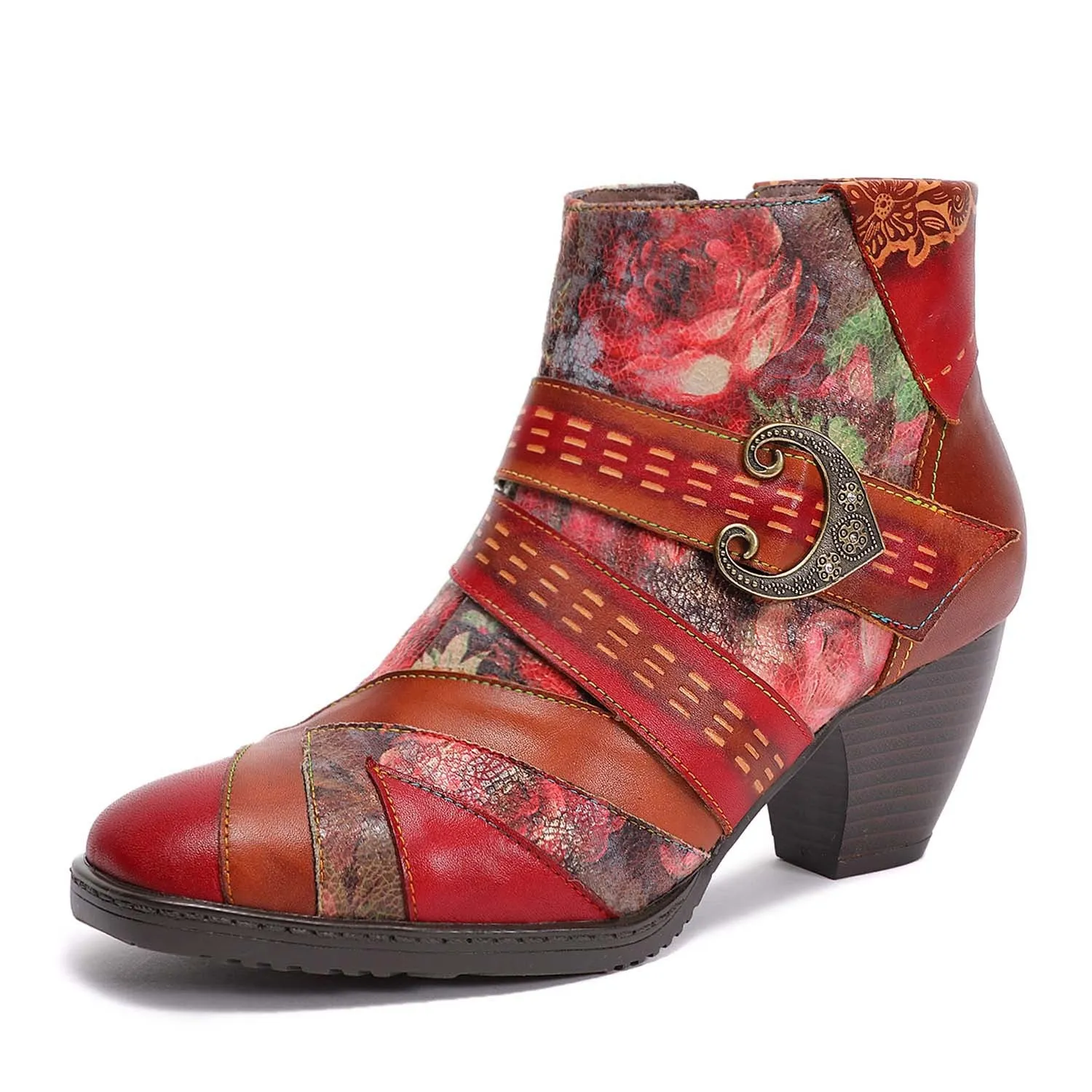 Retro Red High Heels First Layer Cowhide Splicing Low Tube Ethnic Style Flower Fashion Boots