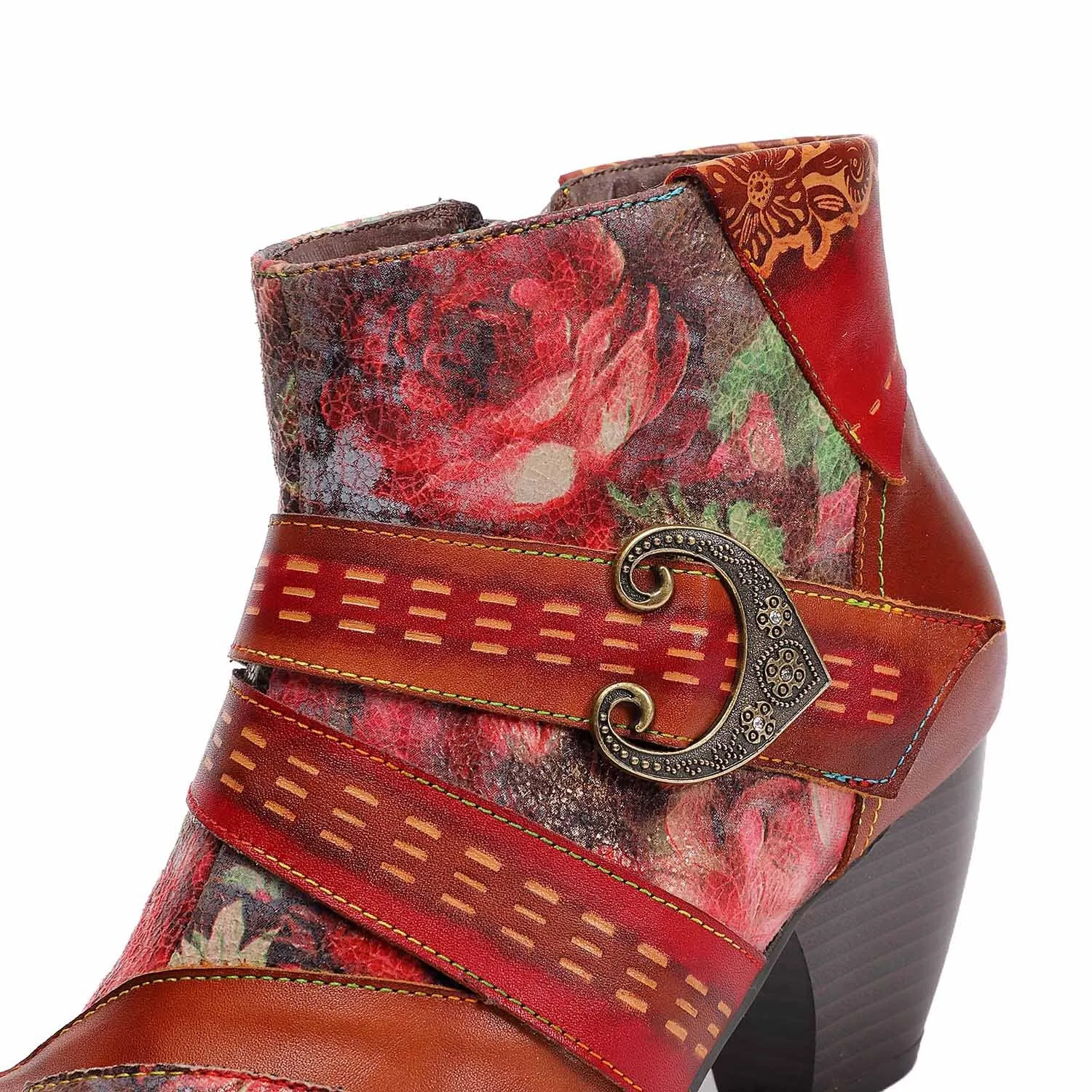 Retro Red High Heels First Layer Cowhide Splicing Low Tube Ethnic Style Flower Fashion Boots