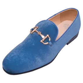 Teal Men's Velvet Shoes Fashion Design Loafer with Gold Buckle Style No-9100