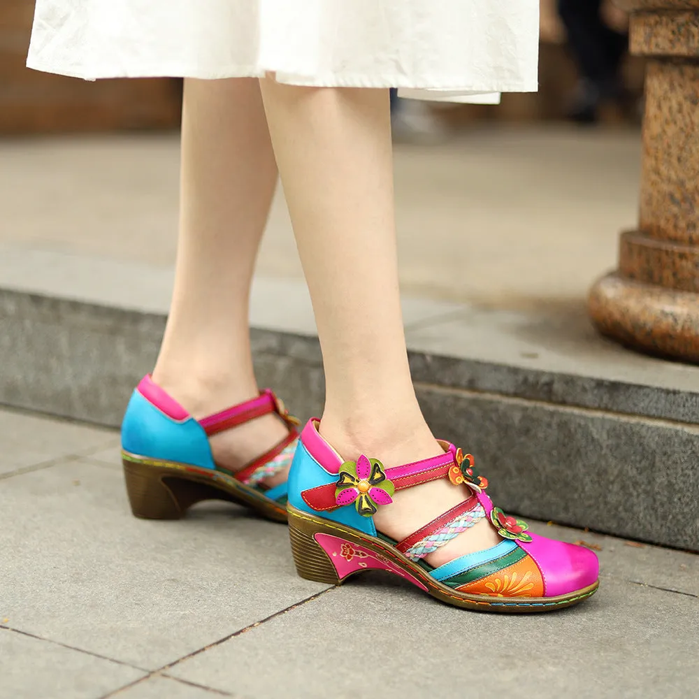 Vintage Bright Flowers Contrast Velcro Wedge Heel Round Head Mary Jane Shoes Hollow Sandals