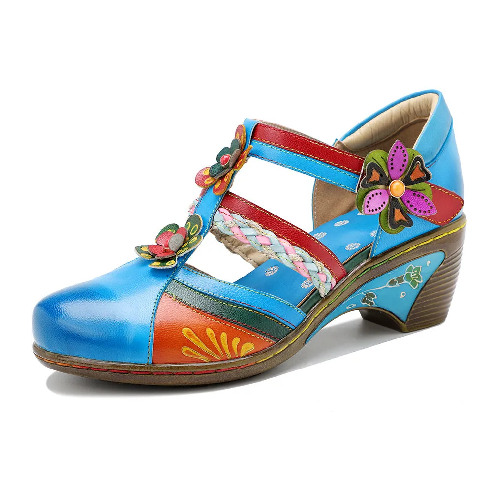 Vintage Bright Flowers Contrast Velcro Wedge Heel Round Head Mary Jane Shoes Hollow Sandals