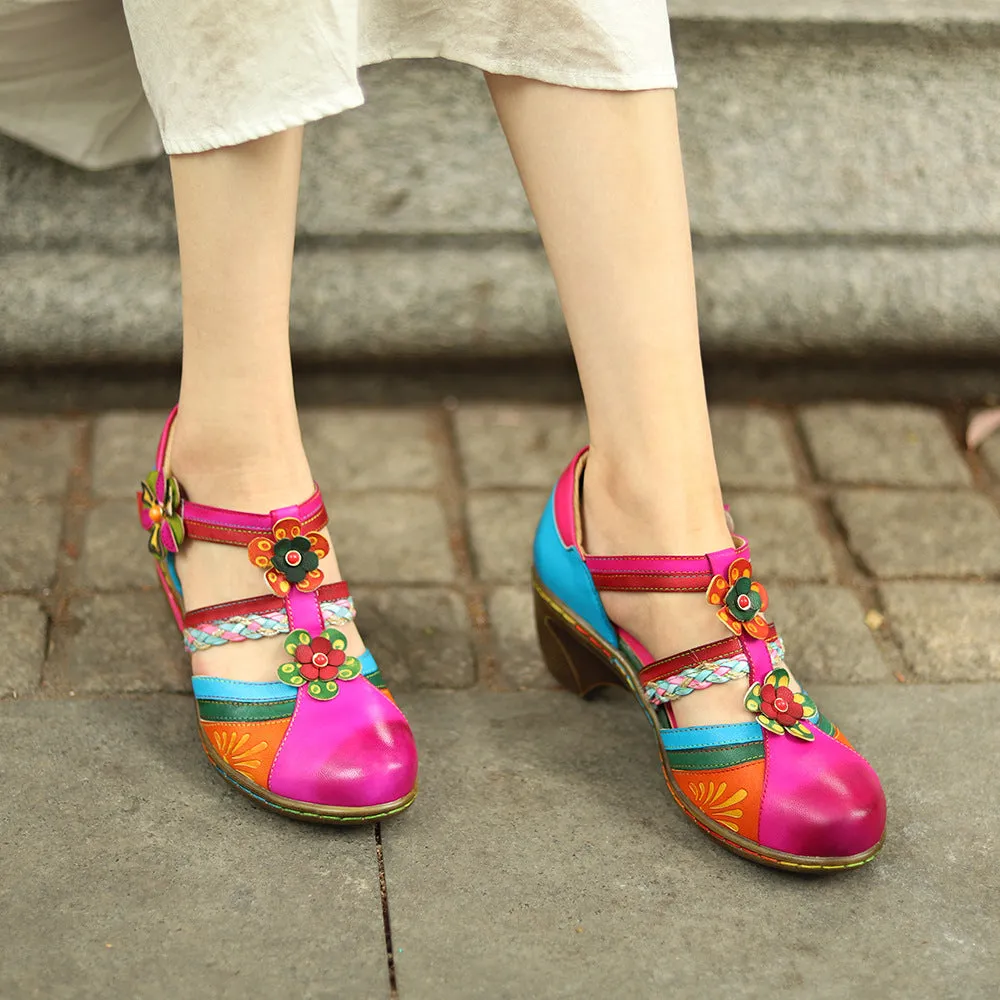Vintage Bright Flowers Contrast Velcro Wedge Heel Round Head Mary Jane Shoes Hollow Sandals